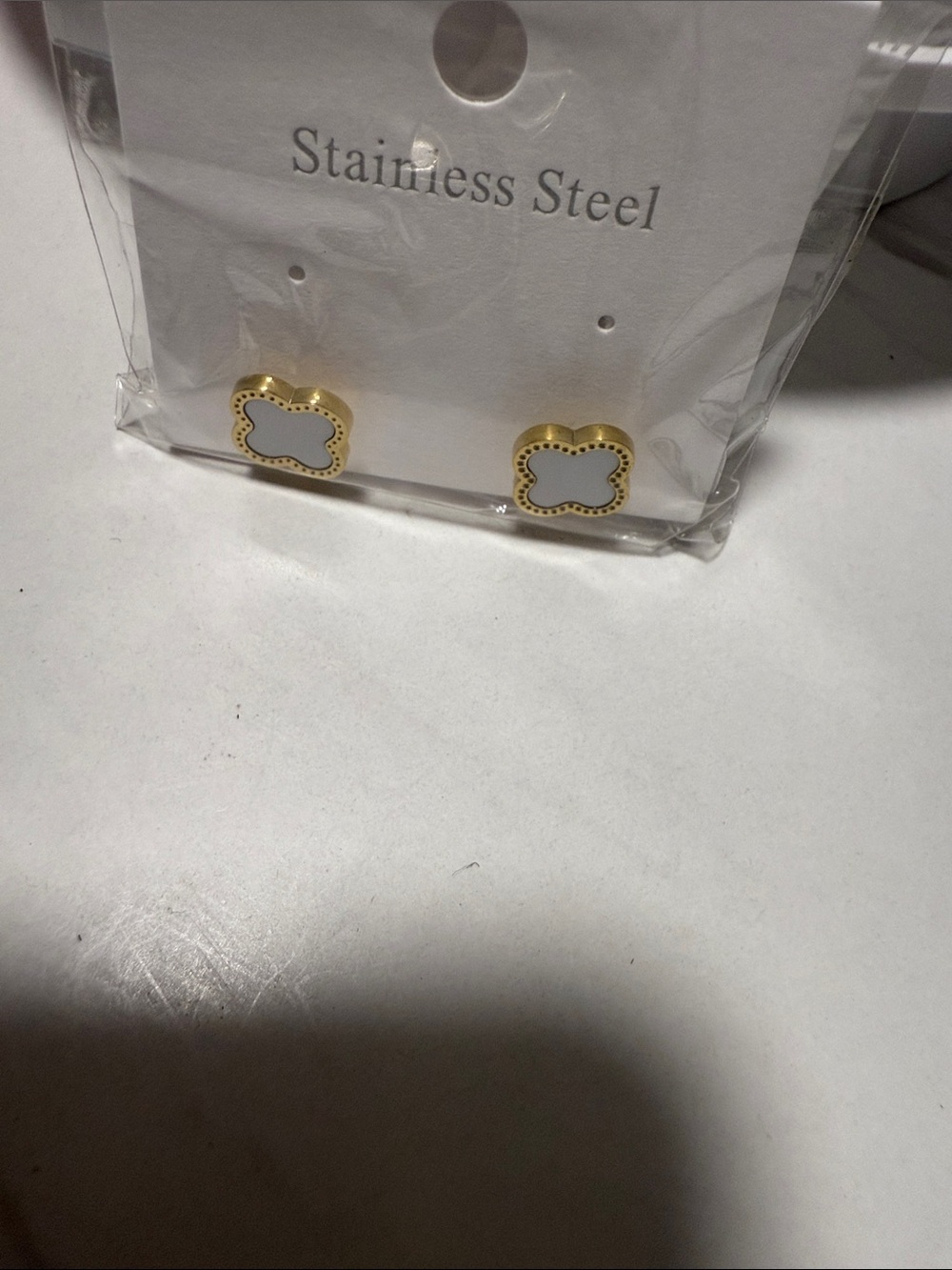 Gold and White Clover Stainless Steel Stud Earrings